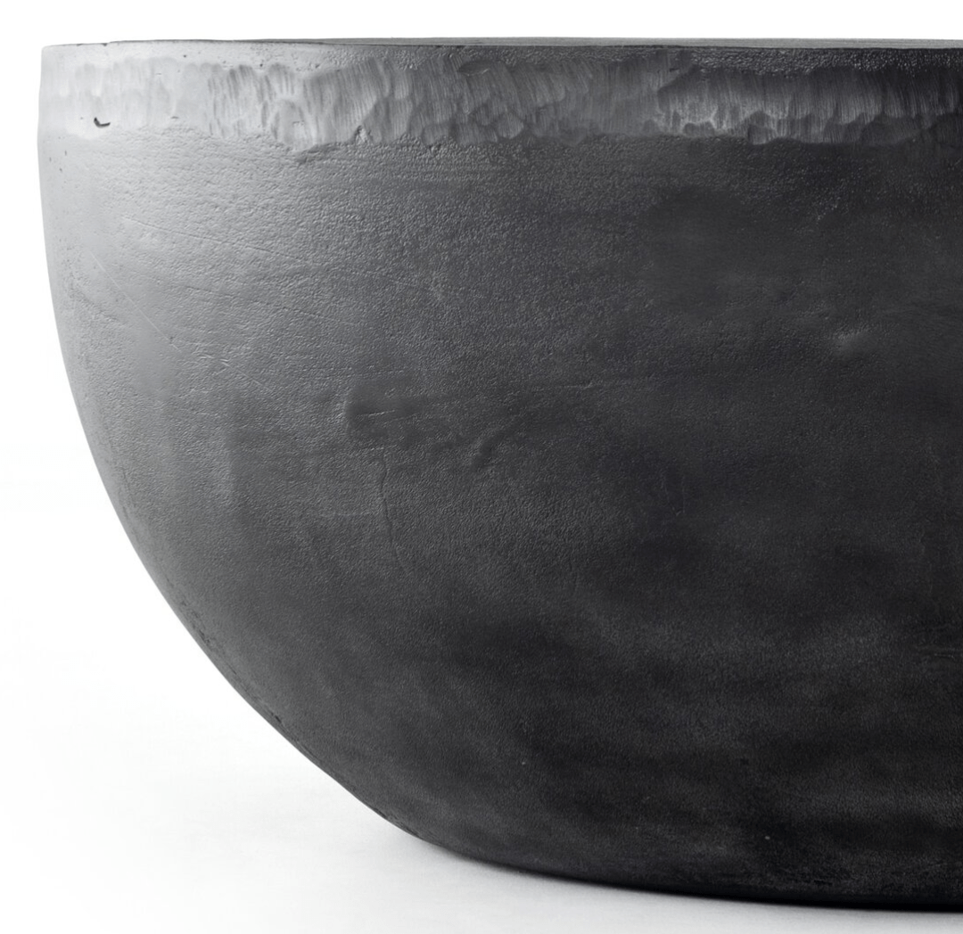 36" Basil Outdoor Round Coffee Table in Aged Grey side view - round aluminum outdoor coffee table by Four Hands - Whats New Furniture Portland OR