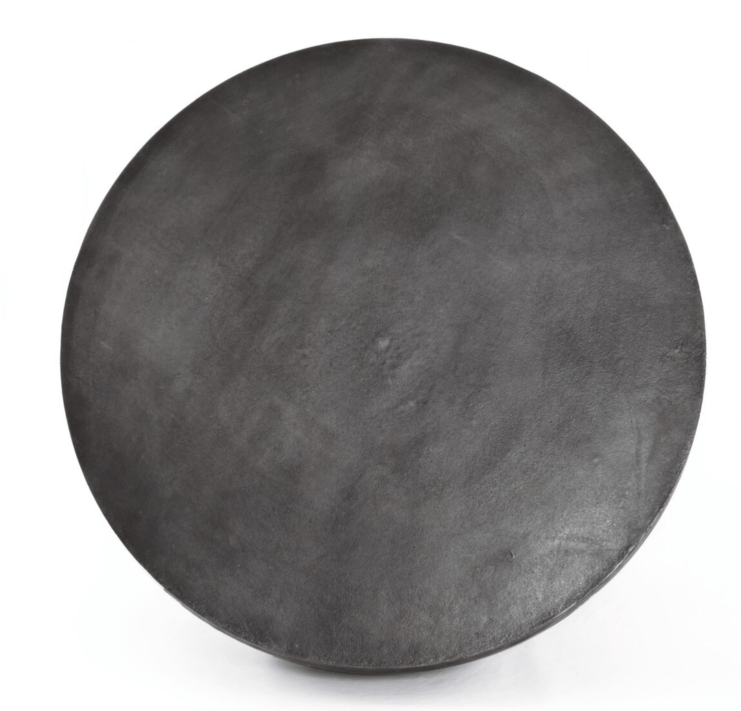 36" Basil Outdoor Round Coffee Table in Aged Grey top-down view - round aluminum outdoor coffee table by Four Hands - Whats New Furniture Portland OR