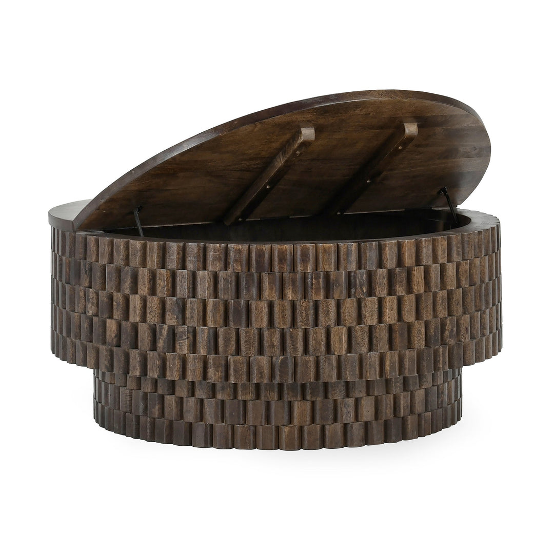 Norwood Coffee Table with Casters - Bark Brown in Bark Brown side angle - round coffee - Whats New Furniture Portland OR