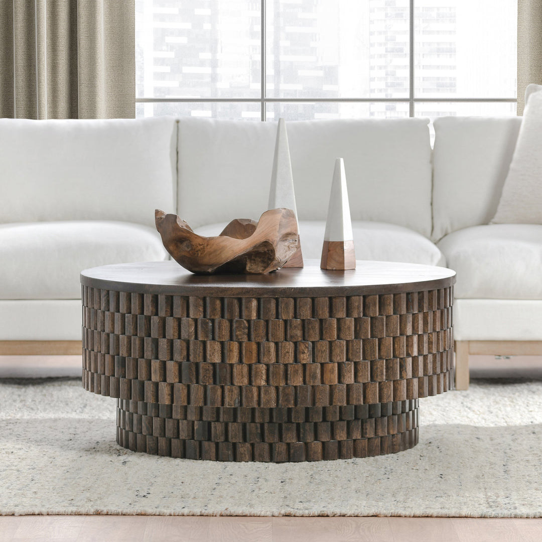 Norwood Coffee Table with Casters - Bark Brown in Bark Brown close-up - round coffee table - Whats New Furniture Portland OR