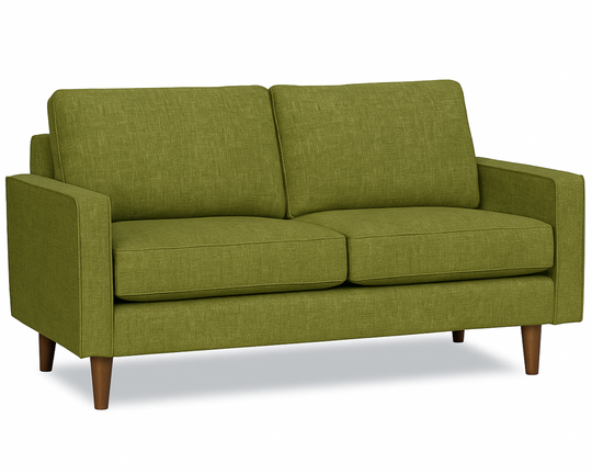 Green sofa with wooden legs on a white background