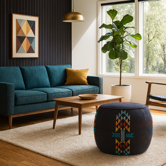 Barrel Ottoman with New Pendelton Upholstery
