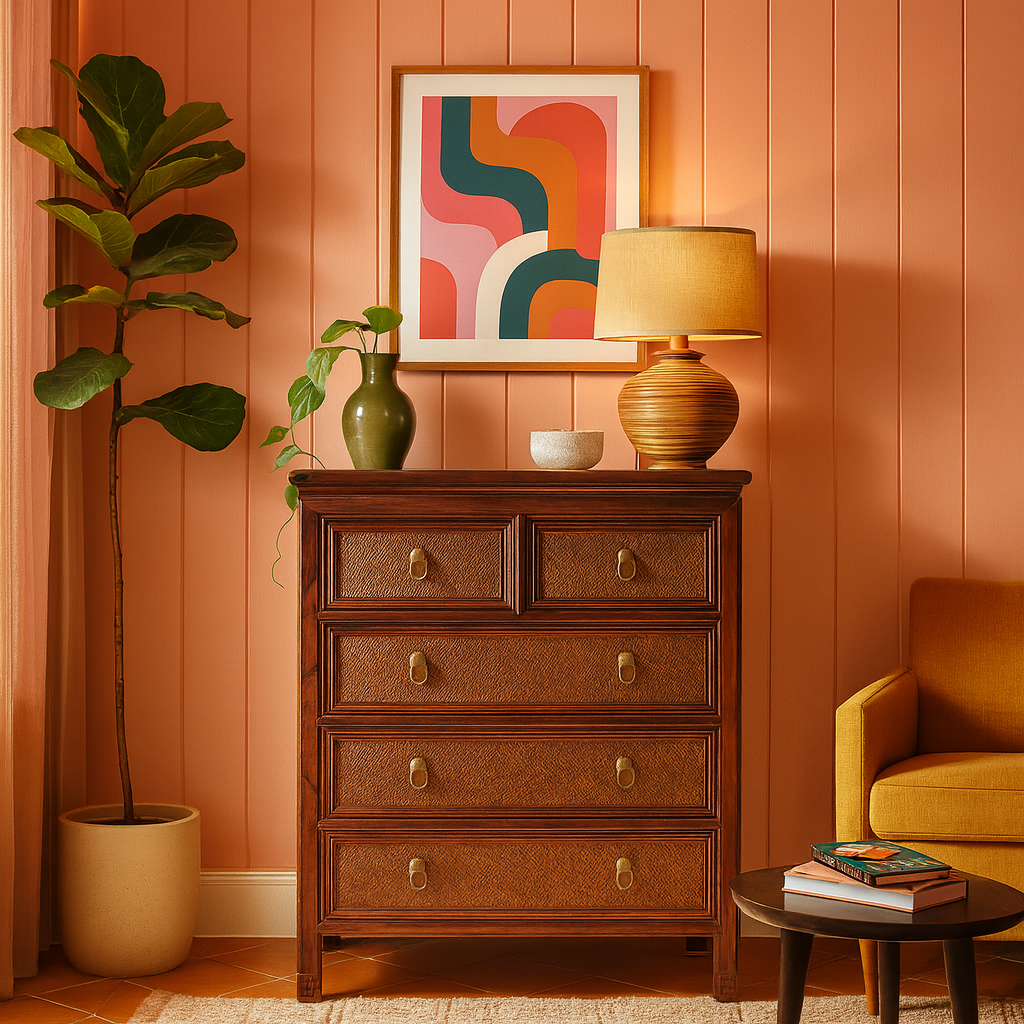 Rattan Detailed Mahogany Dresser