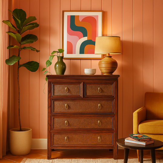 Rattan Detailed Mahogany Dresser