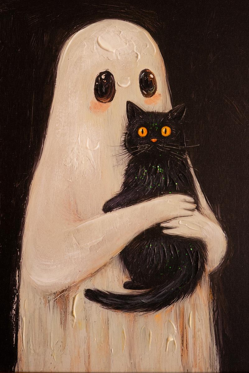 Close-up of the ghost painting holding a glitter-flecked black cat with orange eyes - ghost wall art by Kalalou - Whats New Furniture Portland OR