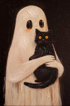 Close-up of the ghost painting holding a glitter-flecked black cat with orange eyes - ghost wall art by Kalalou - Whats New Furniture Portland OR