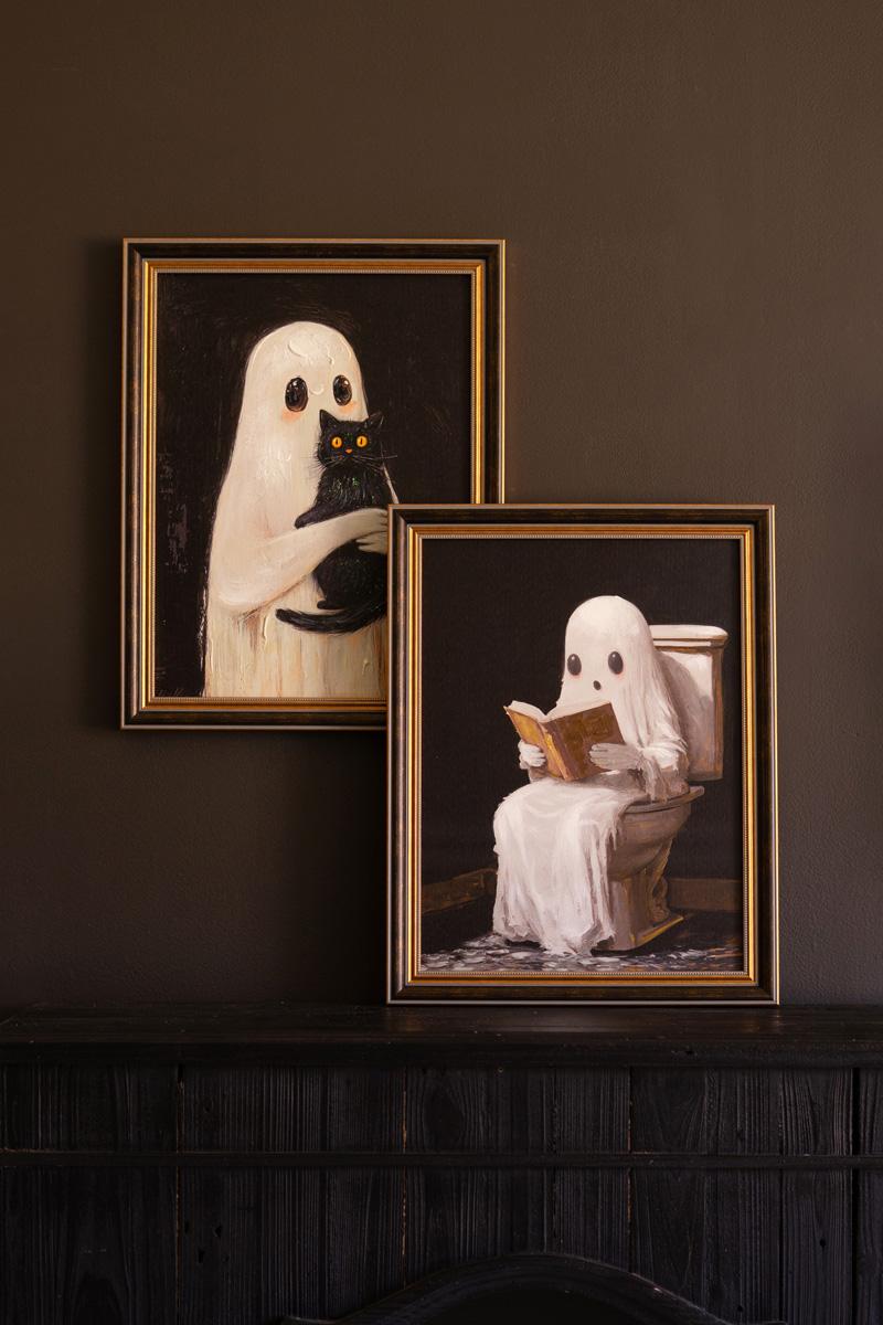 Both framed ghost paintings leaned on a dark sideboard, one hung and one propped - ghost wall art by Kalalou - Whats New Furniture Portland OR