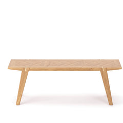 Colton Dining Bench in natural oak with brass inlay accents front view - 67" - mid-century modern bench by LH Imports - Whats New Furniture Portland OR
