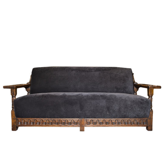 1920's Spanish Revival Carved Wood Velvet Sofa