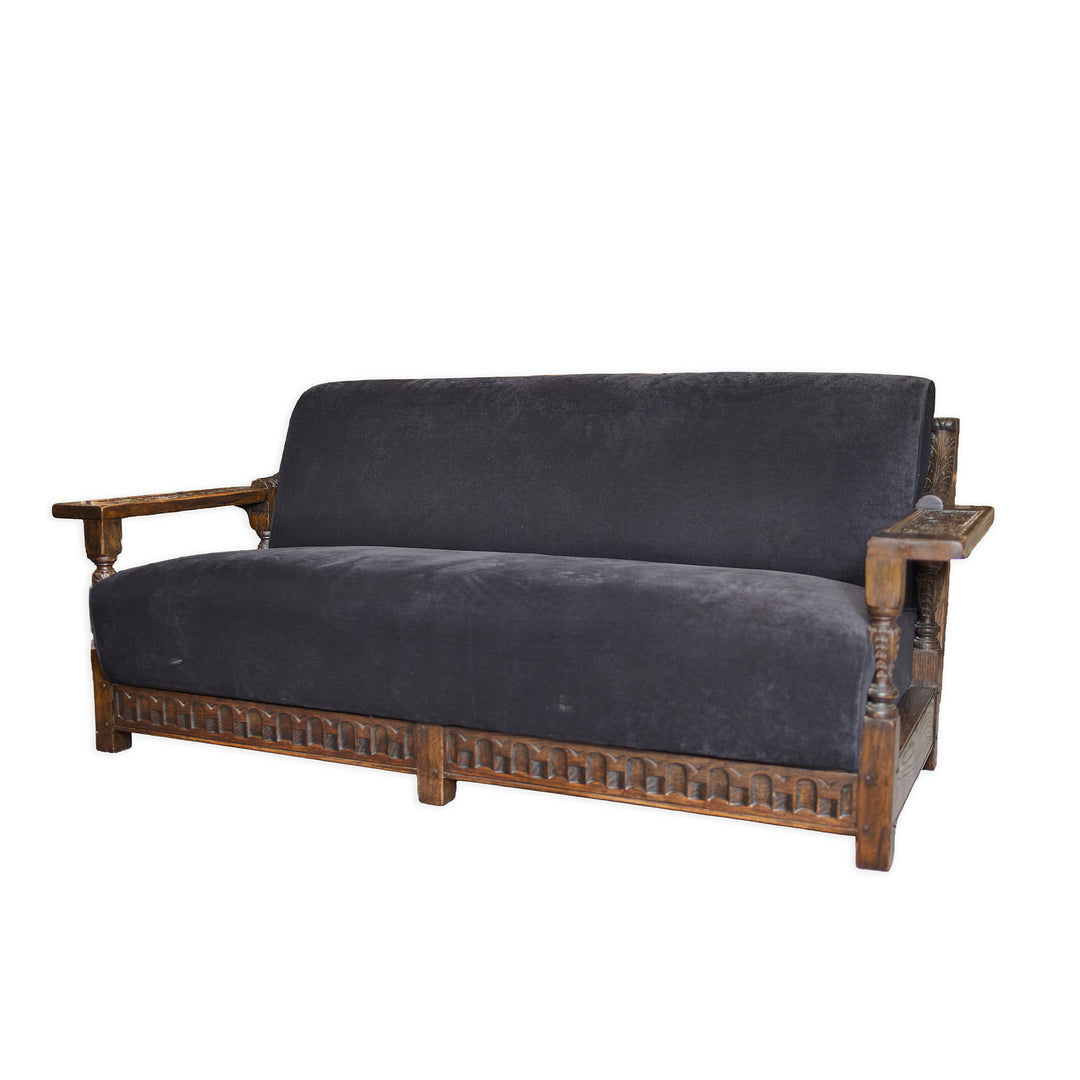 1920's Spanish Revival Carved Wood Velvet Sofa