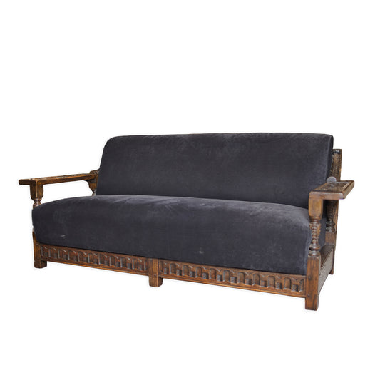 1920's Spanish Revival Carved Wood Velvet Sofa