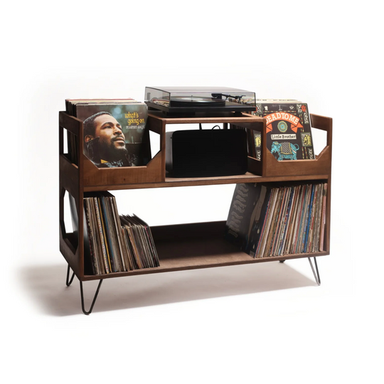 Wooden record player console with vinyl records on a white background