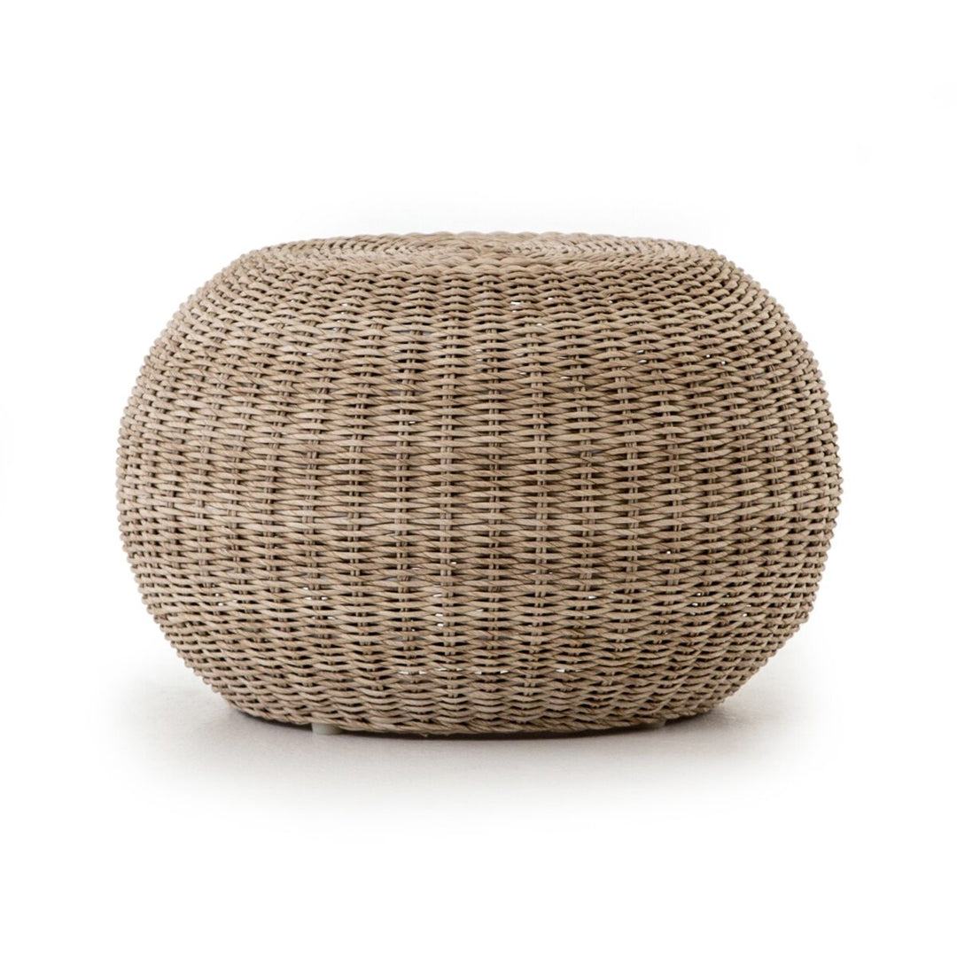 Phoenix Outdoor Accent Stool in Vintage White three-quarter view showing woven wicker top - Whats New Furniture Portland OR