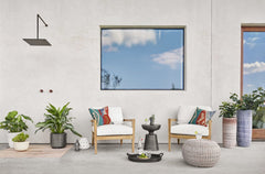 Phoenix Outdoor Accent Stool in Vintage White detail view of base - Whats New Furniture Portland OR