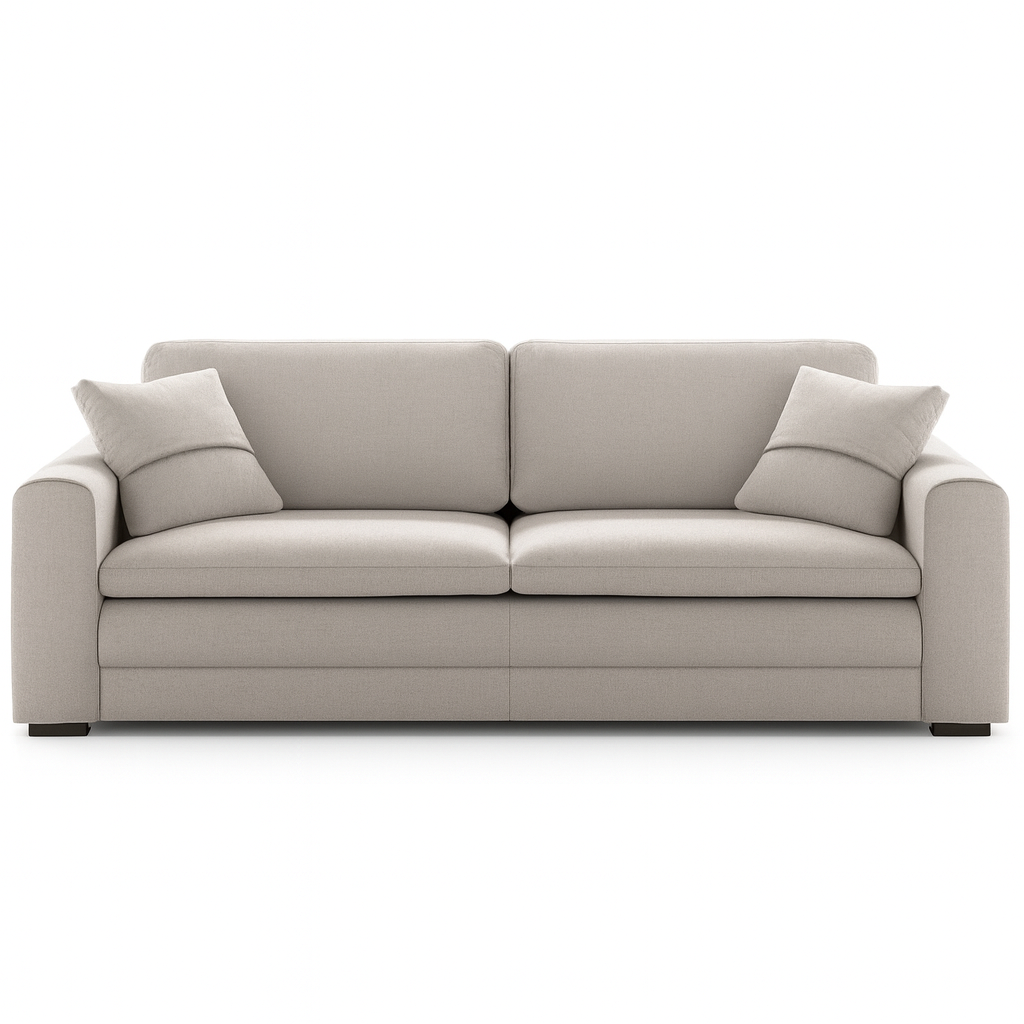 Beige sleeper sofa with two cushions on a white background