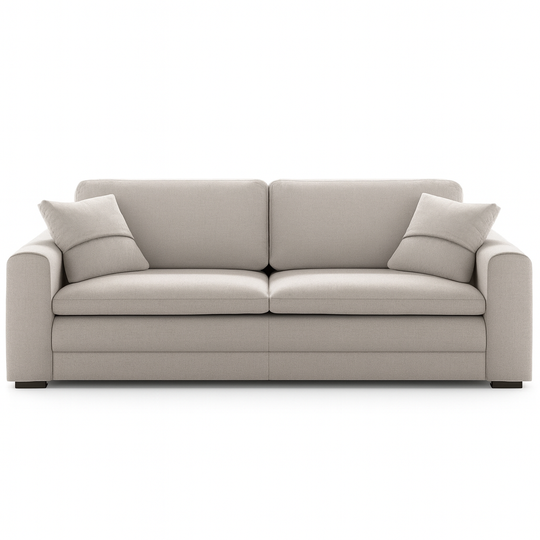 Beige sleeper sofa with two cushions on a white background