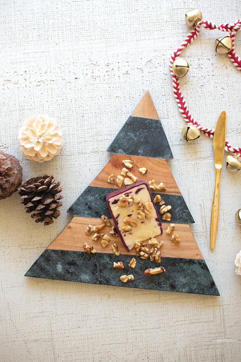 Green marble and acacia Christmas tree cutting board styled with brie and walnuts on a white table - holiday serveware by Kalalou - Whats New Furniture Portland OR