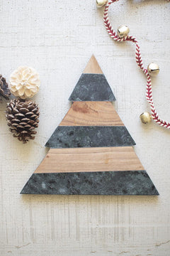 Empty green marble and acacia Christmas tree cutting board showing the alternating stone and wood bands - holiday serveware by Kalalou - Whats New Furniture Portland OR