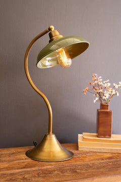 Antique Brass Table Lamp w/Green Enamel Shade - front view - mid-century modern lighting - Whats New Furniture Portland OR
