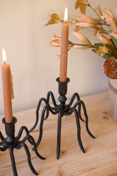 Large cast iron spider candle holder in front of dried blooms with a lit taper candle - forged black candle holders by Kalalou - Whats New Furniture Portland OR