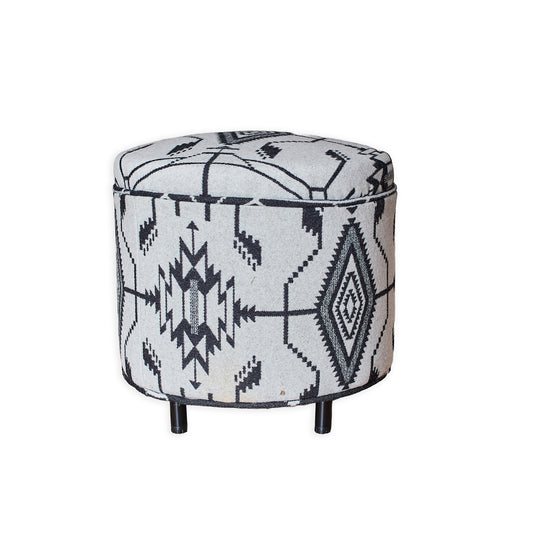 Round Ottoman with New Pendleton Upholstery B/W