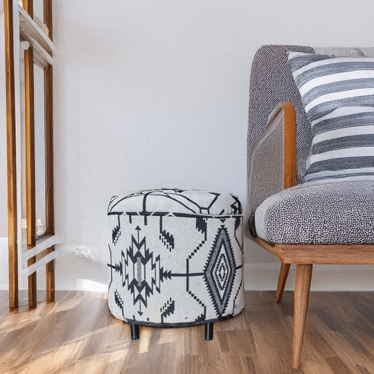 Round Ottoman with New Pendleton Upholstery B/W