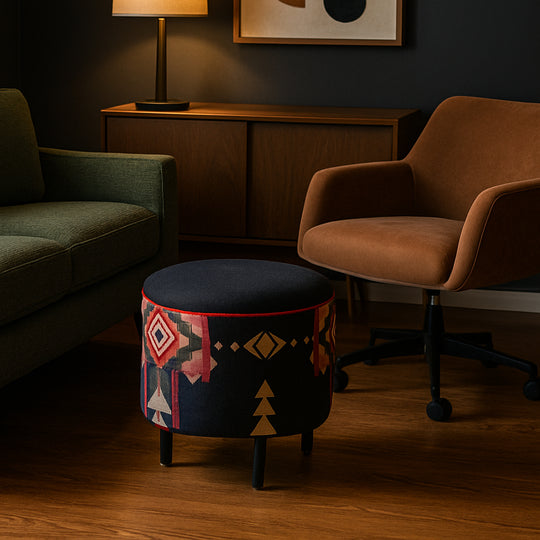 Round Ottoman with New Pendleton Upholstery