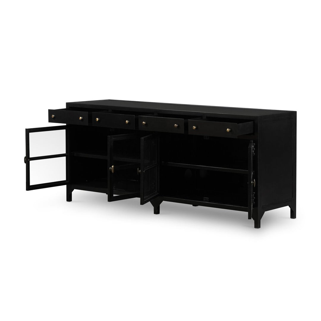 Shadow Box Media Console in Black detail view - Whats New Furniture Portland OR