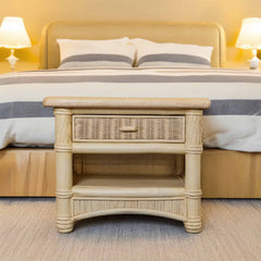 Vintage Rattan and Marble Nightstand - Whats New Furniture - Portland, Oregon