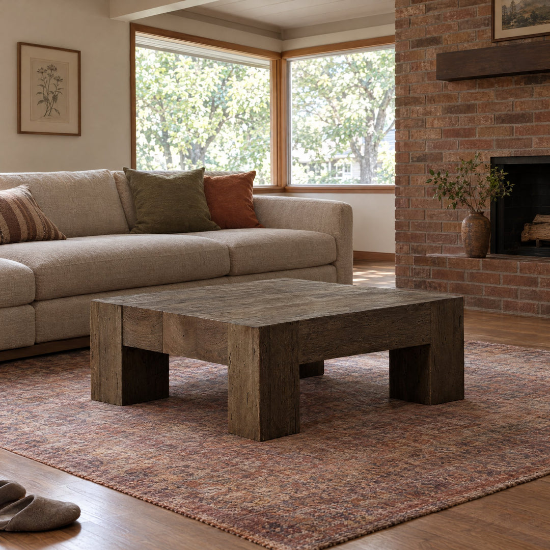 Abaso Coffee Table in Ebony Rustic Wormwood Oak (40.00"w x 40.00"d x 15.00"h) styled in a Portland home - Whats New Furniture