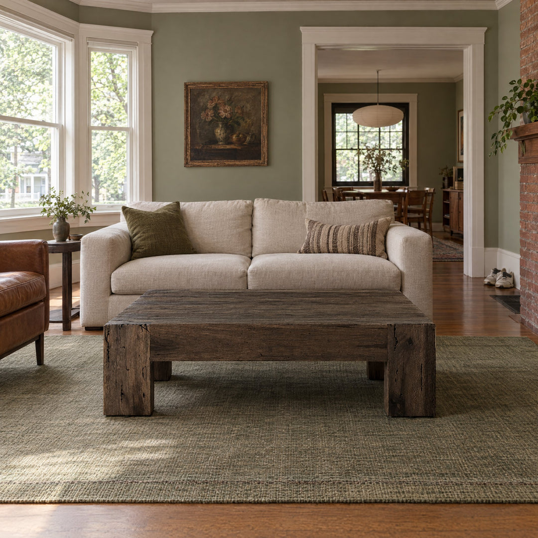 Abaso Coffee Table in Ebony Rustic Wormwood Oak (55.00"w x 55.00"d x 15.00"h) styled in a Portland home - Whats New Furniture
