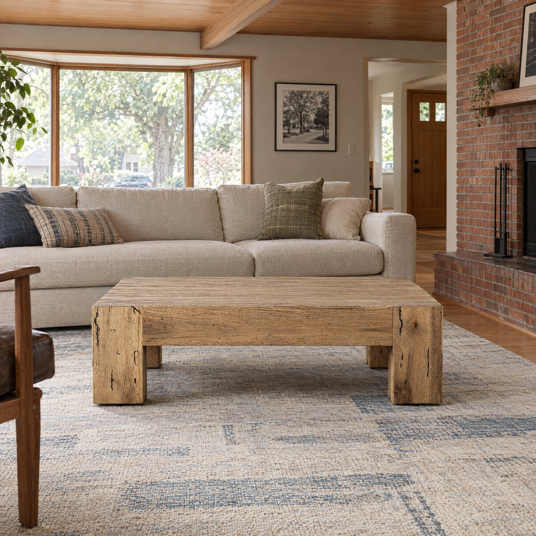Abaso Coffee Table in Rustic Wormwood Oak (55.00"w x 55.00"d x 15.00"h) styled in a Portland home - Whats New Furniture