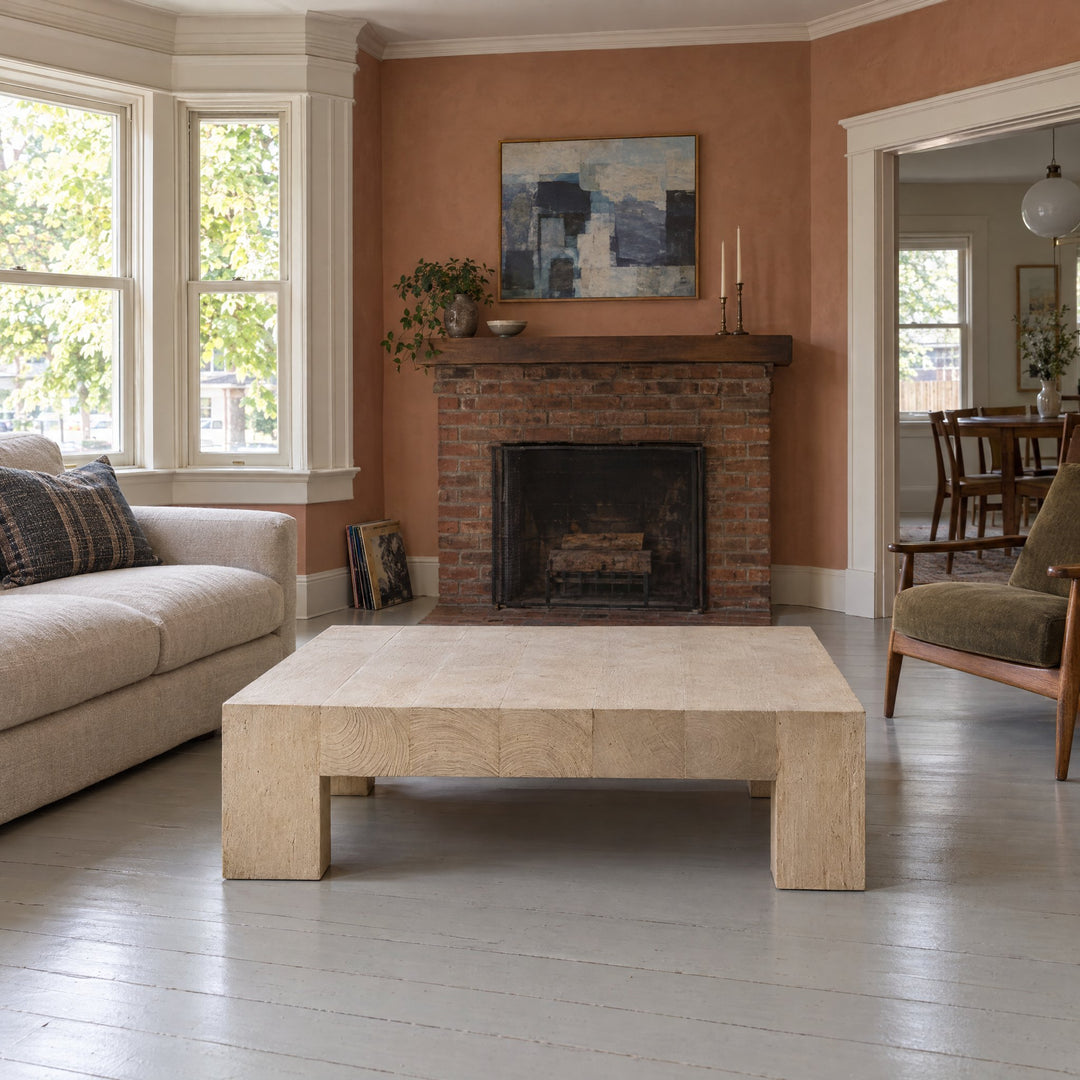 Abaso Coffee Table in Whitewash Rustic Wormwood Oak (55.00"w x 55.00"d x 15.00"h) styled in a Portland home - Whats New Furniture