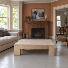Abaso Coffee Table in Whitewash Rustic Wormwood Oak (55.00"w x 55.00"d x 15.00"h) styled in a Portland home - Whats New Furniture