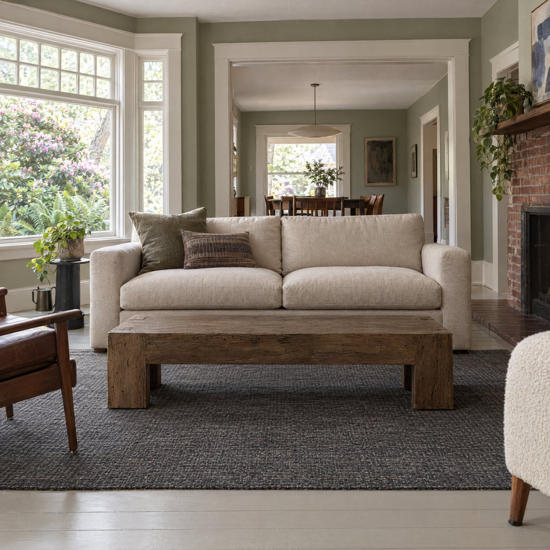 Abaso Rectangular Coffee Table in Ebony Rustic Wormwood Oak styled in a Portland home - Whats New Furniture