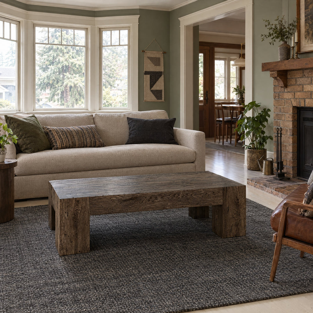 Abaso Rectangular Coffee Table in Ebony Rustic Wormwood Oak / Smoked Oak Veneer styled in a Portland home - Whats New Furniture
