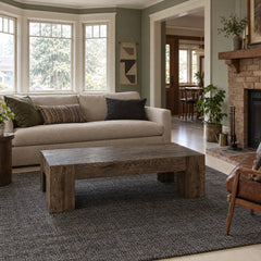Abaso Rectangular Coffee Table in Ebony Rustic Wormwood Oak / Smoked Oak Veneer styled in a Portland home - Whats New Furniture