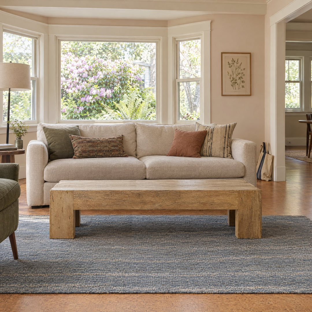 Abaso Rectangular Coffee Table in Rustic Wormwood Oak styled in a Portland home - Whats New Furniture