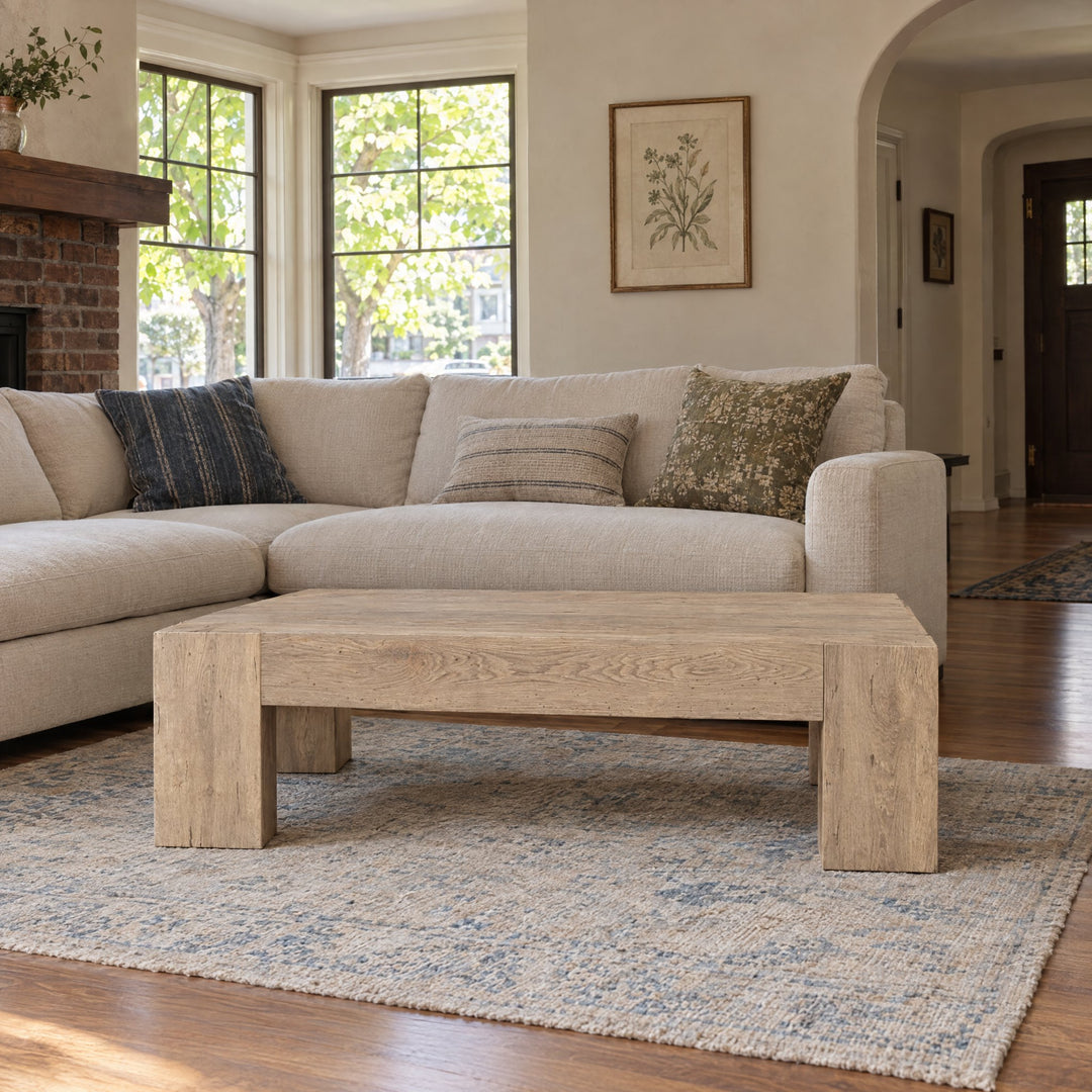 Abaso Rectangular Coffee Table in Whitewash Rustic Wormwood Oak / Smoked Oak Veneer styled in a Portland home - Whats New Furniture