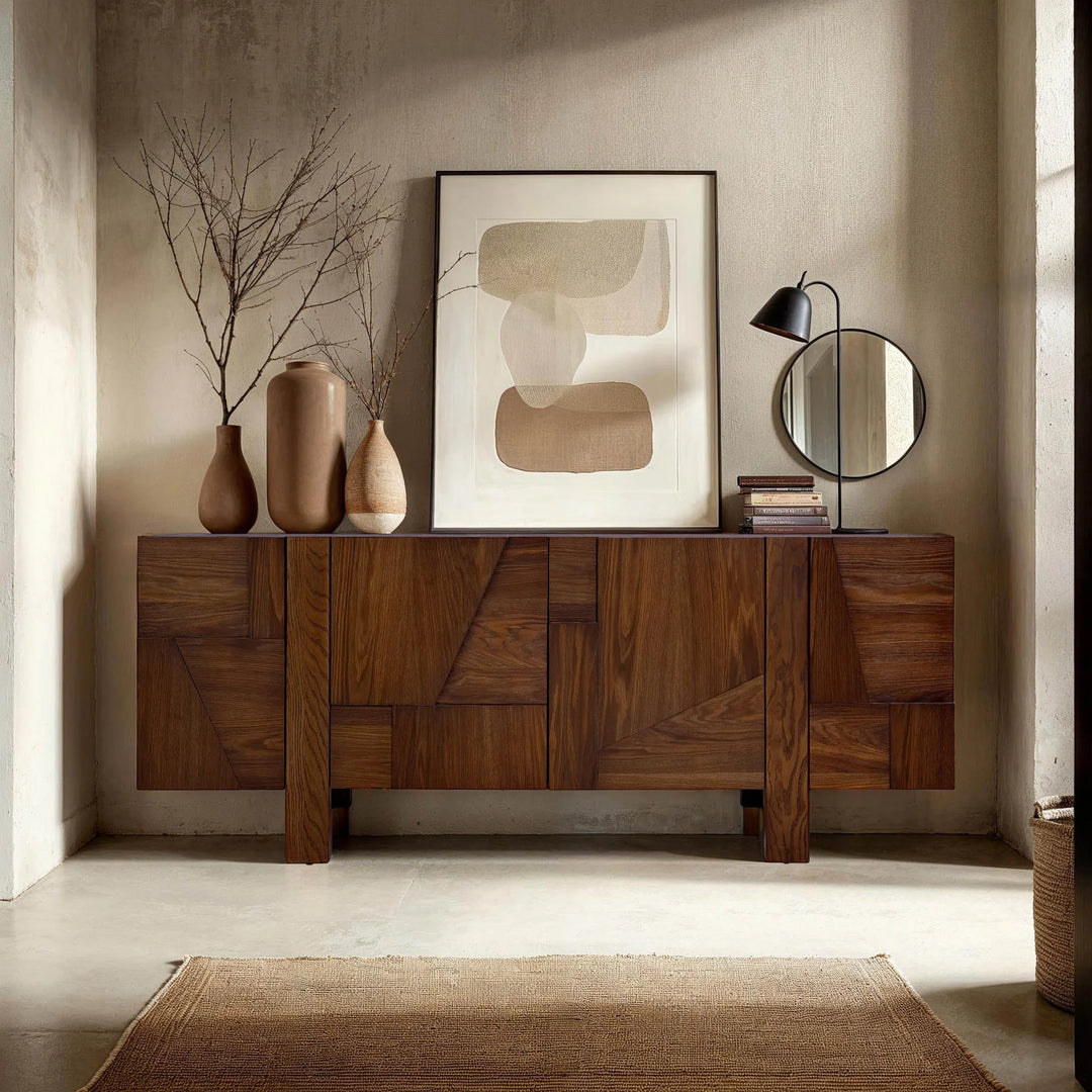 Abstract 4 Door Sideboard in Smokey Chestnut room setting - oak sideboard by LH Imports - Whats New Furniture Portland OR