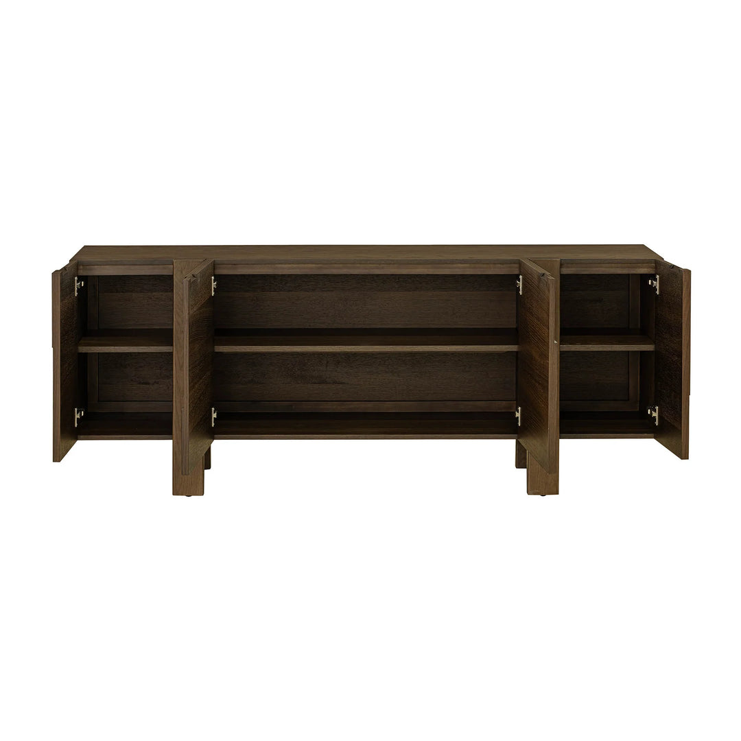 Abstract 4 Door Sideboard in Smokey Chestnut open storage front view - oak sideboard by LH Imports - Whats New Furniture Portland OR