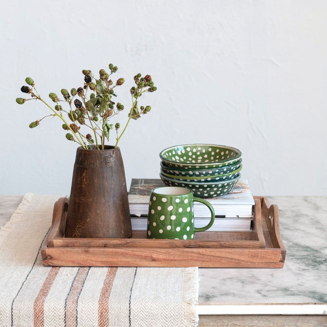 Acacia Wood Tray w/ Handles in natural lifestyle setting - acacia serving tray set by Creative Co-Op - Whats New Furniture Portland OR
