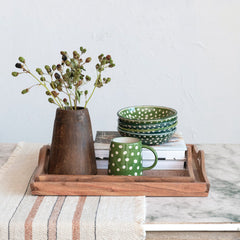 Acacia Wood Tray w/ Handles in natural lifestyle setting - acacia serving tray set by Creative Co-Op - Whats New Furniture Portland OR