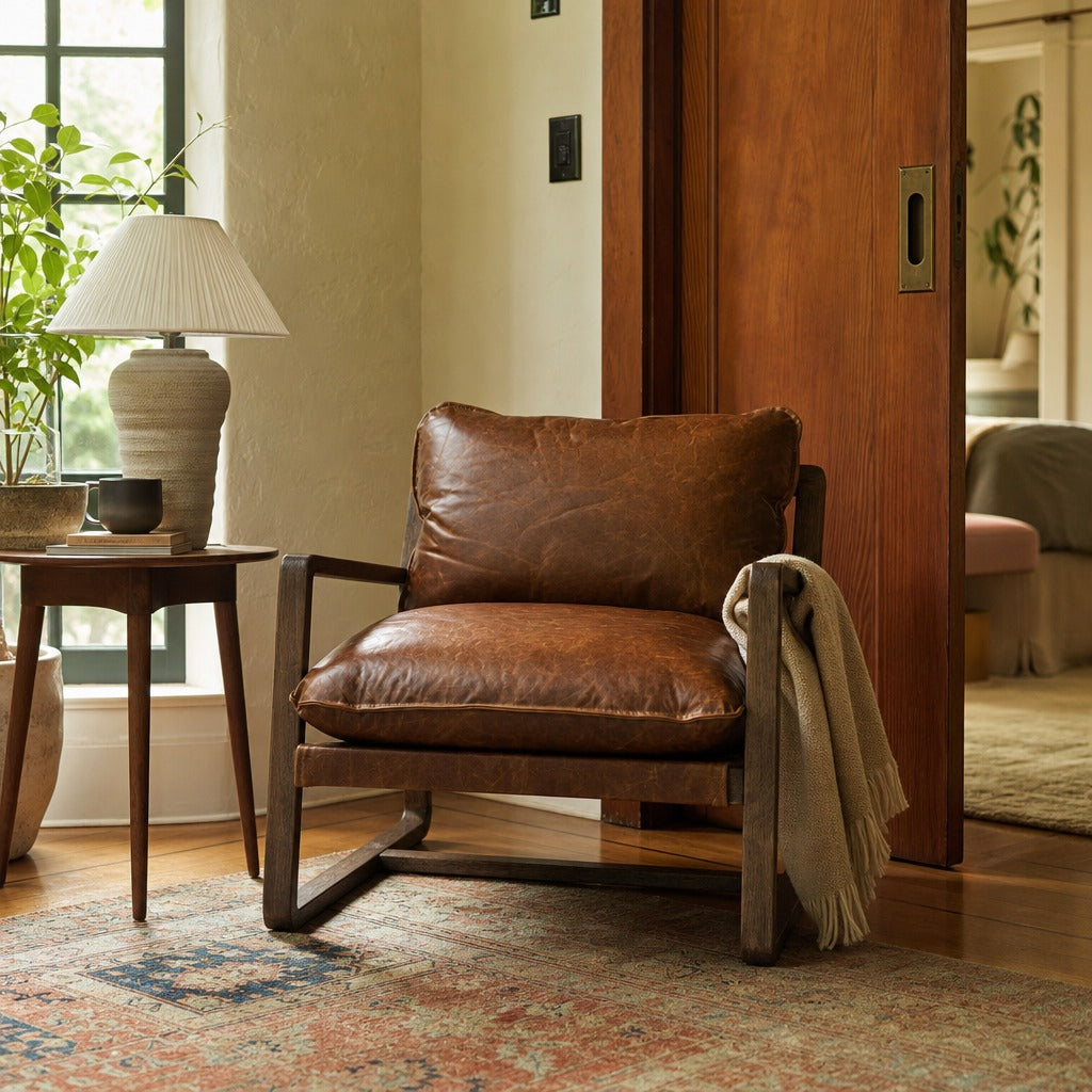 Ace Chair in Raleigh Chestnut Leather styled in Portland Laurelhurst Tudor cottage living room - Whats New Furniture