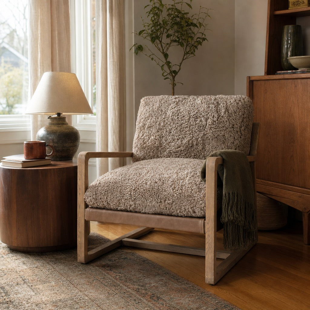 Ace Chair in Taupe Shearling styled in Portland Sellwood cottage living room - Whats New Furniture