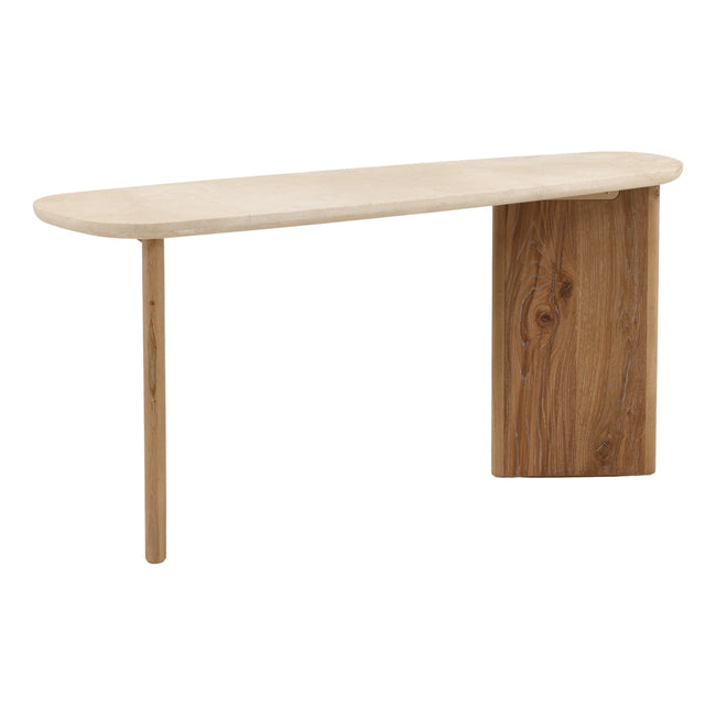 Aelwyn Console Table - Natural Oak & Cream Marble front three-quarter view - Console Tables by Dovetail - Whats New Furniture Portland OR