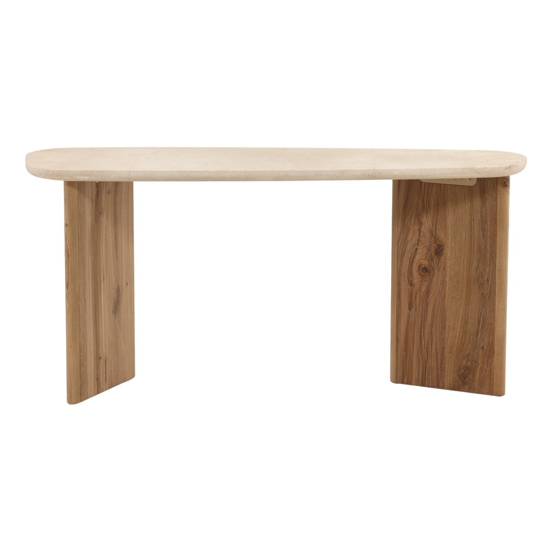 Aelwyn Console Table - Natural Oak &amp; Cream Marble front elevation - Console Tables by Dovetail - Whats New Furniture Portland OR