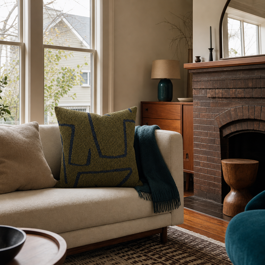 Agassiz Daily Greens Throw Pillow styled in a Portland Alberta Arts sitting room lifestyle - Whats New Furniture