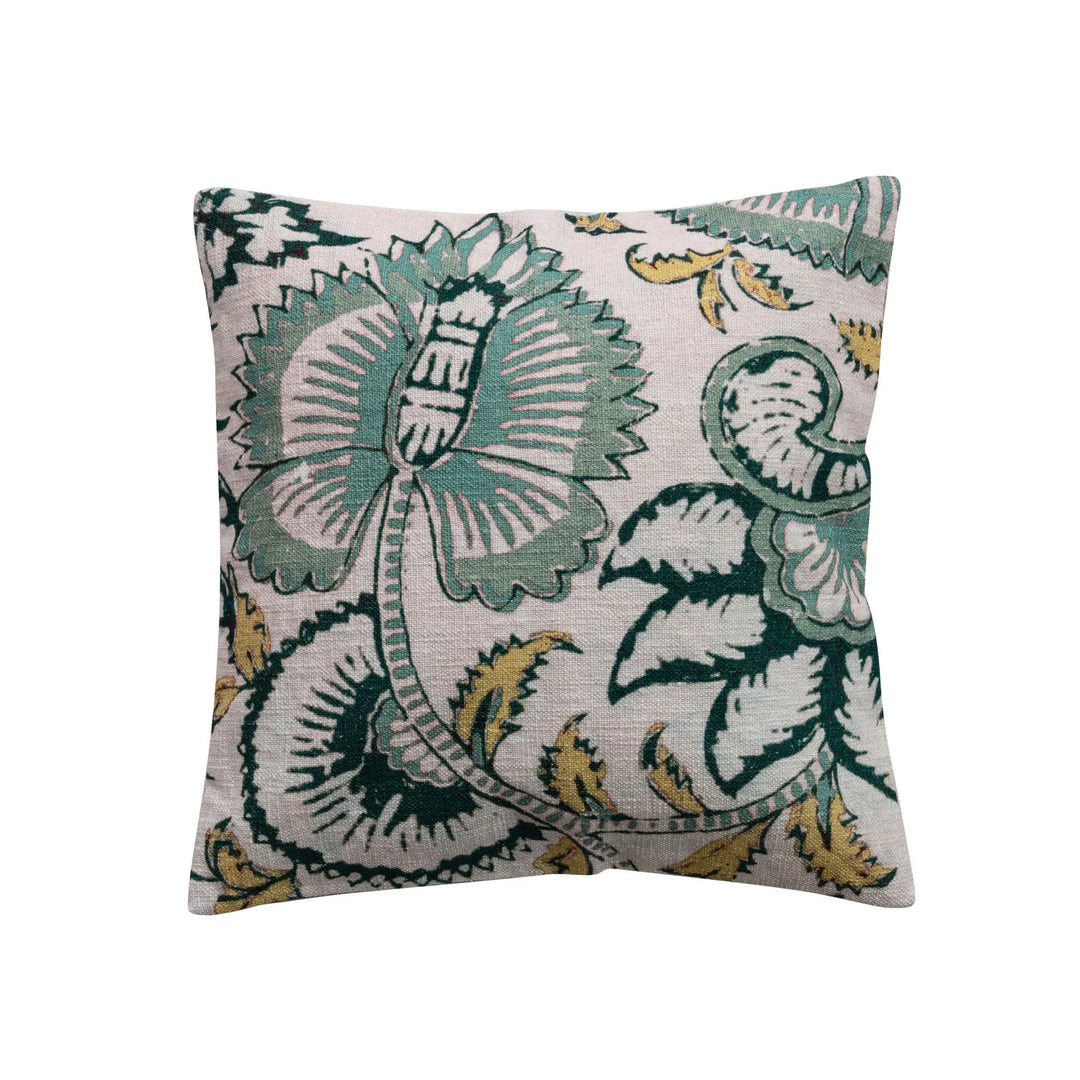 18" Square Cotton Slub Printed Pillow with Botanicals &amp; Chambray Back
