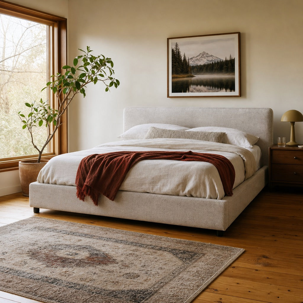 Aidan Bed in Plushtone Linen (Queen) styled in Portland AlbertArts foursquare bedroom - Whats New Furniture